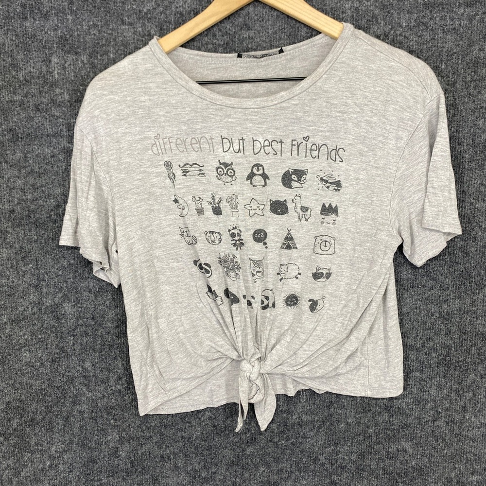 Mudd Different But Best Friends Graphic Tie Front Crop Top Heather Gray Tee